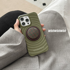 ニッチなインスタ映えオリーブグリーンの波型iPhone16pro max、Apple 15、14対応ケース、17用マグネット式スタンド付き