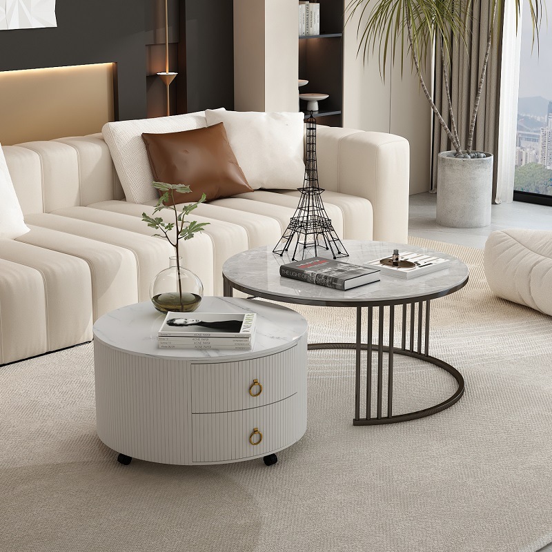 Mesa de centro de pizarra de roca Sala de estar Hogar de alta gama Vidrio templado redondo Juego de almacenamiento de mesa de centro de lujo ligero Apartamento pequeño simple