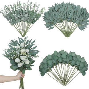 Single branch of eucalyptus leaves with fruits, flower arrangement DIY decoration simulation money leaves, decorative eucalyptus leaves with fruits, cross-border