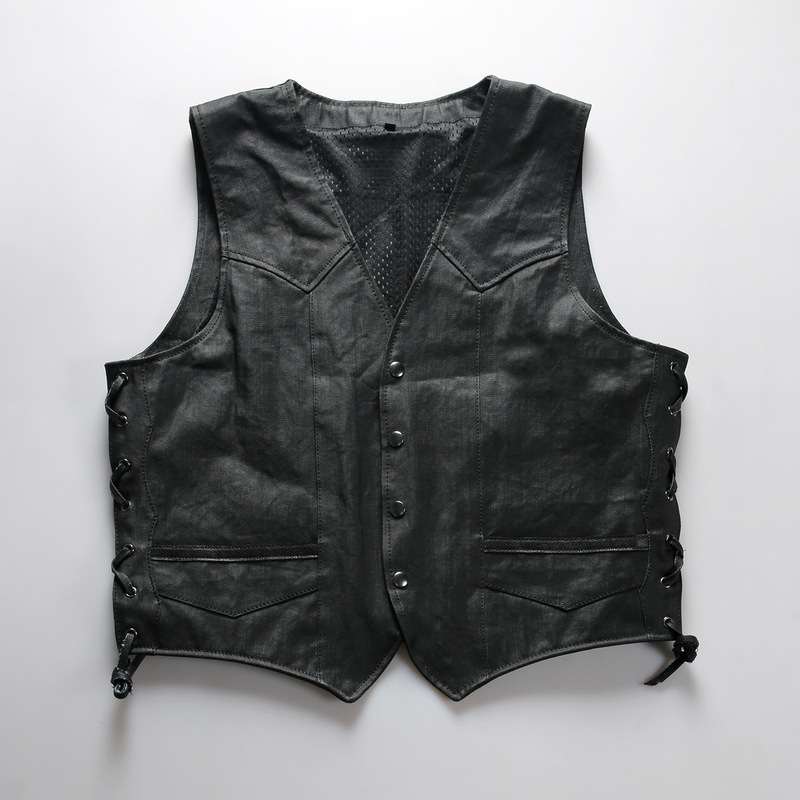 Casual Vintage-Style Pu-Coated Denim Vest for Men, Club-Style V-Neck Drawstring Biker Vest Casual Vintage-Style Pu-Coated Denim Vest for Men, Club-Style V-Neck Drawstring Biker Vest