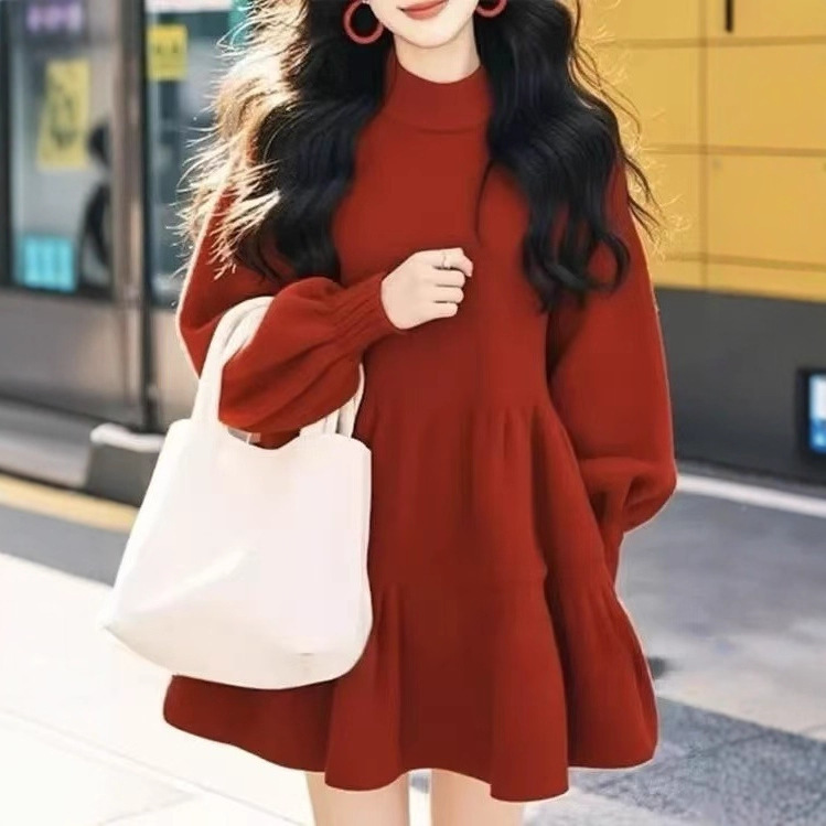Afternoon Christmas Shirt, Petite Elegant, Red Lantern Sleeve Knitted Sweater Dress, Korean Style Lazy Afternoon Christmas Shirt, Petite Elegant, Red Lantern Sleeve Knitted Sweater Dress, Korean Style Lazy