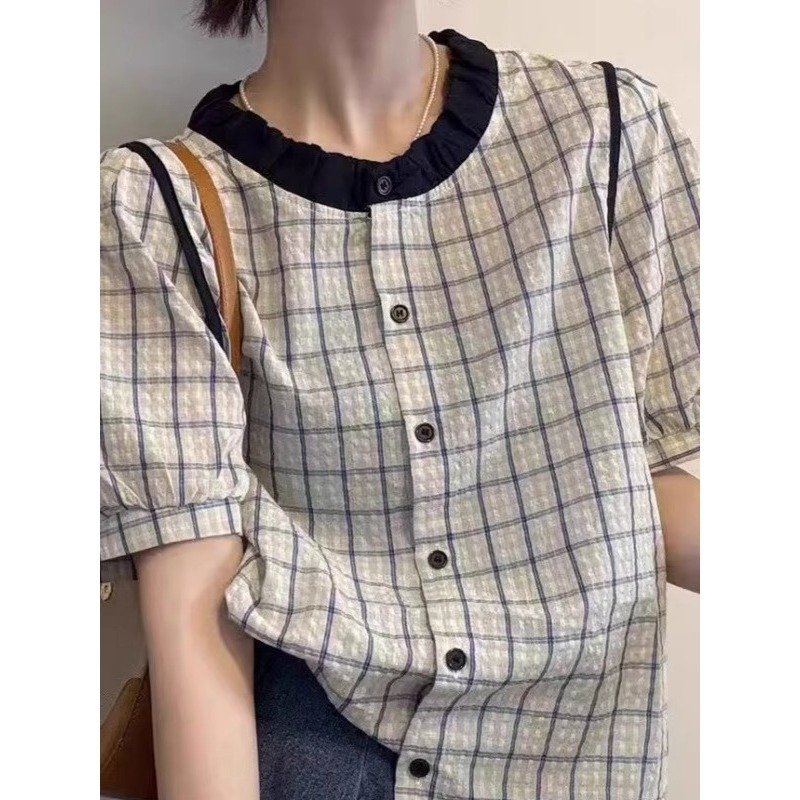 Áo thun nữ cổ búp bê kẻ sọc tương phản tay ngắn phong cách châu Âu — Màu như hình