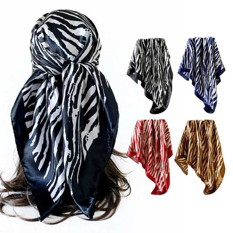 Lenço de seda com estampa de zebra de 90 cm, estilo europeu/americano, para usar com bolsa, lenço de cabeça, xale, imitação de seda acetinada, lenço quadrado estampado para mulheres._voghion.com
