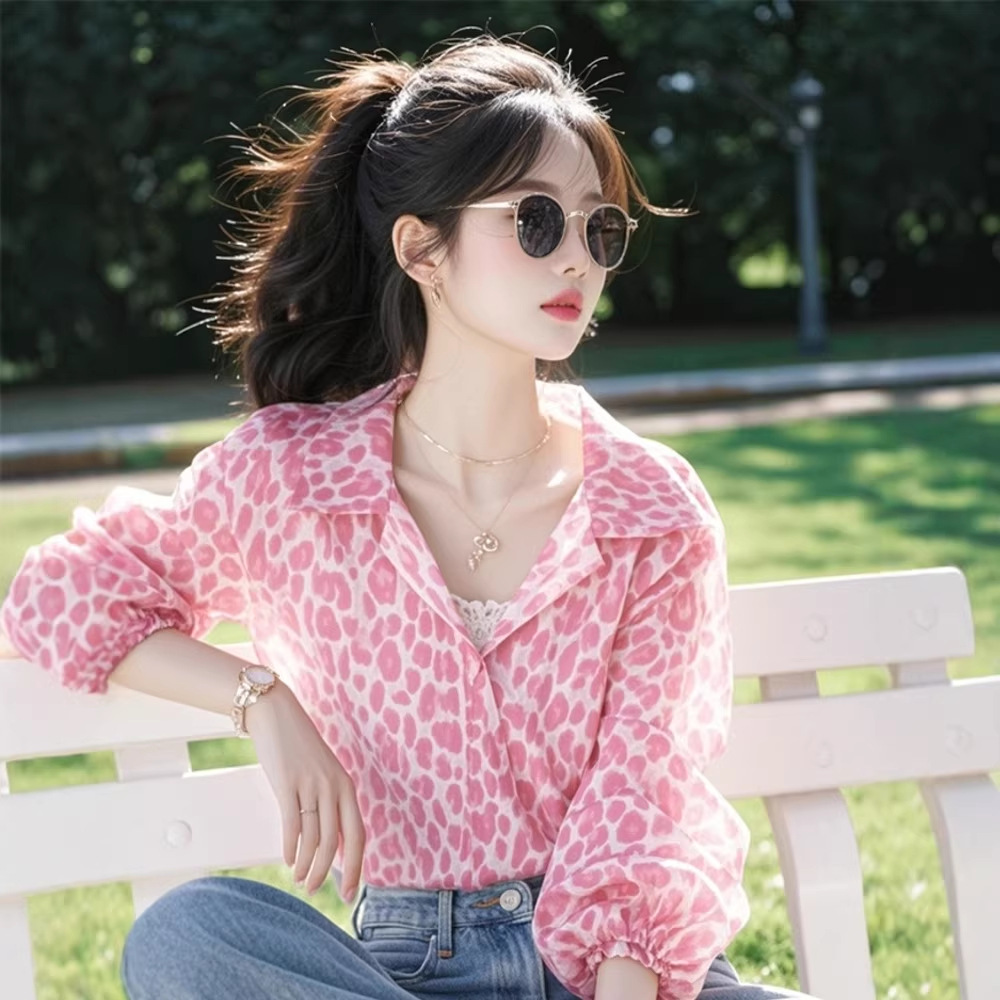 Áo sơ mi nữ cổ bèo tay bồng phối màu tương phản kiểu Pháp — màu hồng chi tiết 2