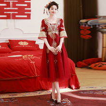 中式秀禾大码敬酒服孕妇显瘦酒红色蓬蓬裙胖mm新娘出阁宴订婚礼服