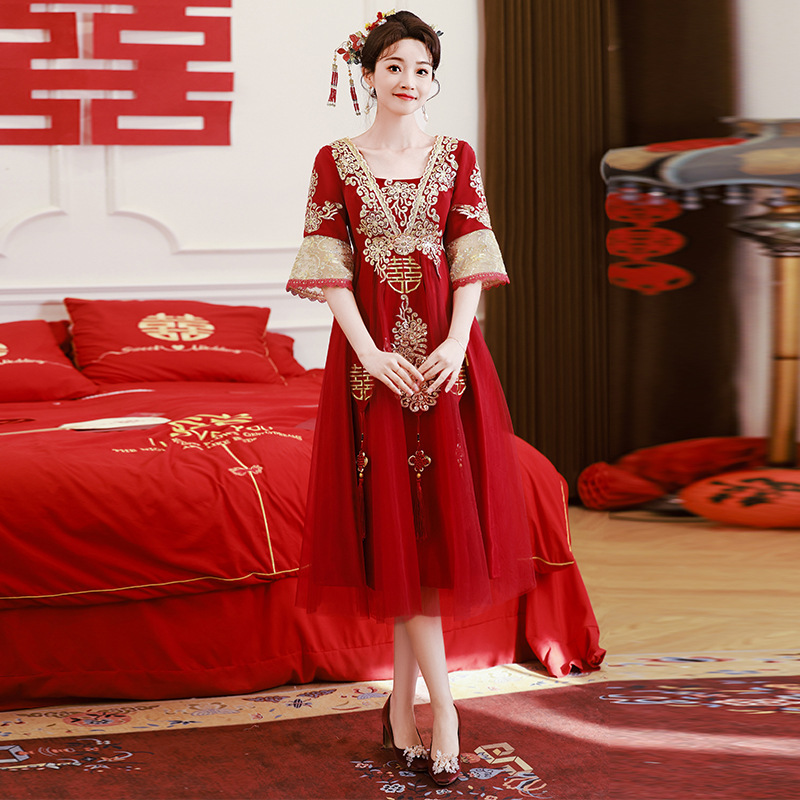 Chinese-style Xiuhe plus size Toast Dress Pregnant Women's Slimming wine red Skirt chubby girl Bride's Cabinet Banquet Engagement Dress