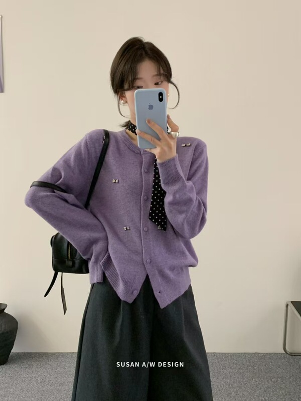 苏珊 小众蝴蝶结装饰针织开衫女韩版宽松时尚温柔风圆领毛衣26980|undefined