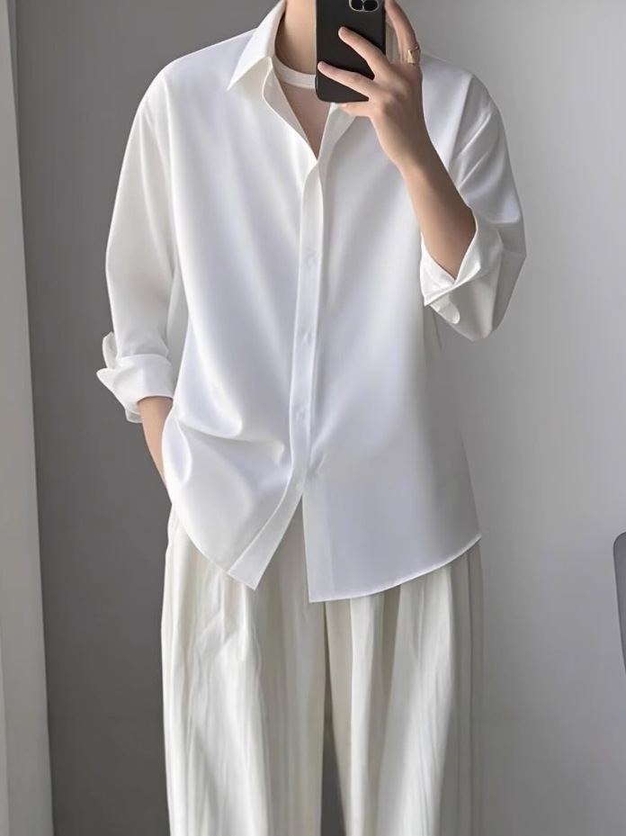 Summer Thin Solid Color Men's Long-Sleeve Casual Drape Stylish Hong Kong Style Japanese Loose Quick-Dry Ice Silk Sun Protection Shirt