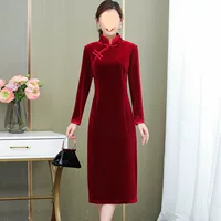 Бархатный Cheongsam, новый стиль весны и осени для мам среднего возраста, улучшенное банкетное платье, эластичное платье средней длины больших размеров.
