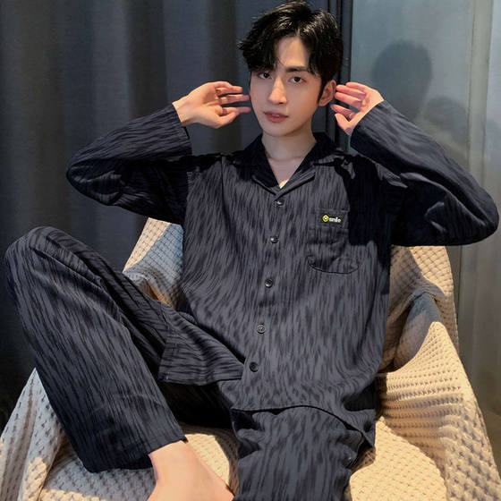100% Pure Cotton Pajamas Men's Spring and Autumn Pure Cotton Long-Sleeved Casual Teenagers Can Wear All-Cotton Home Suit