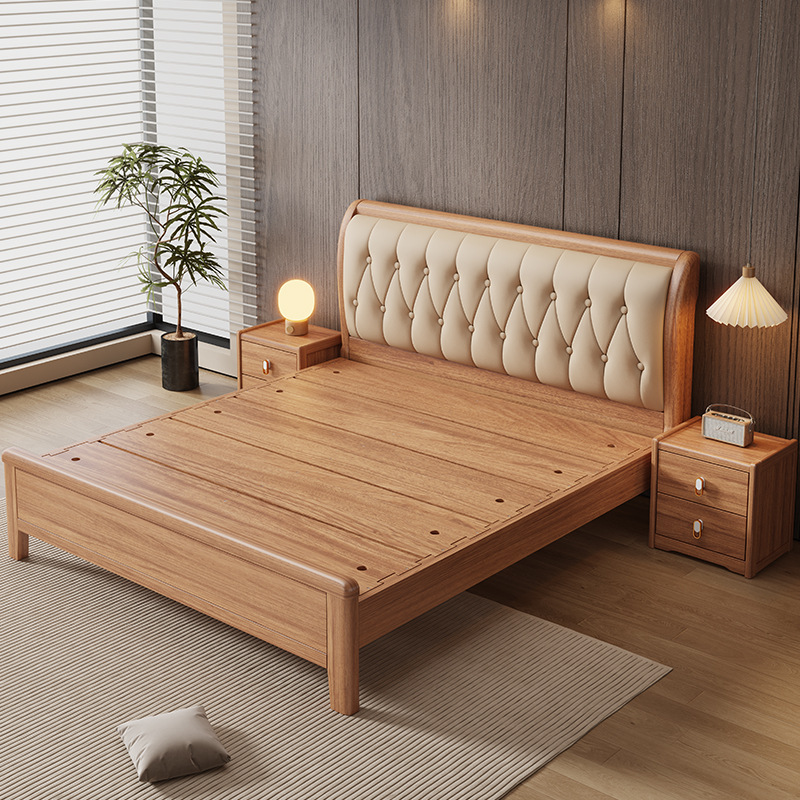 Walnut Solid Wood Bed Log Style 1.8m Bed Double Bed Frame Row Frame 1.5m Soft Backrest Wooden Bed
