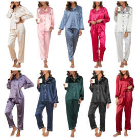 跨境亚马逊独立站新款冰丝睡衣女两件套装长袖丝绸大码女士家居服