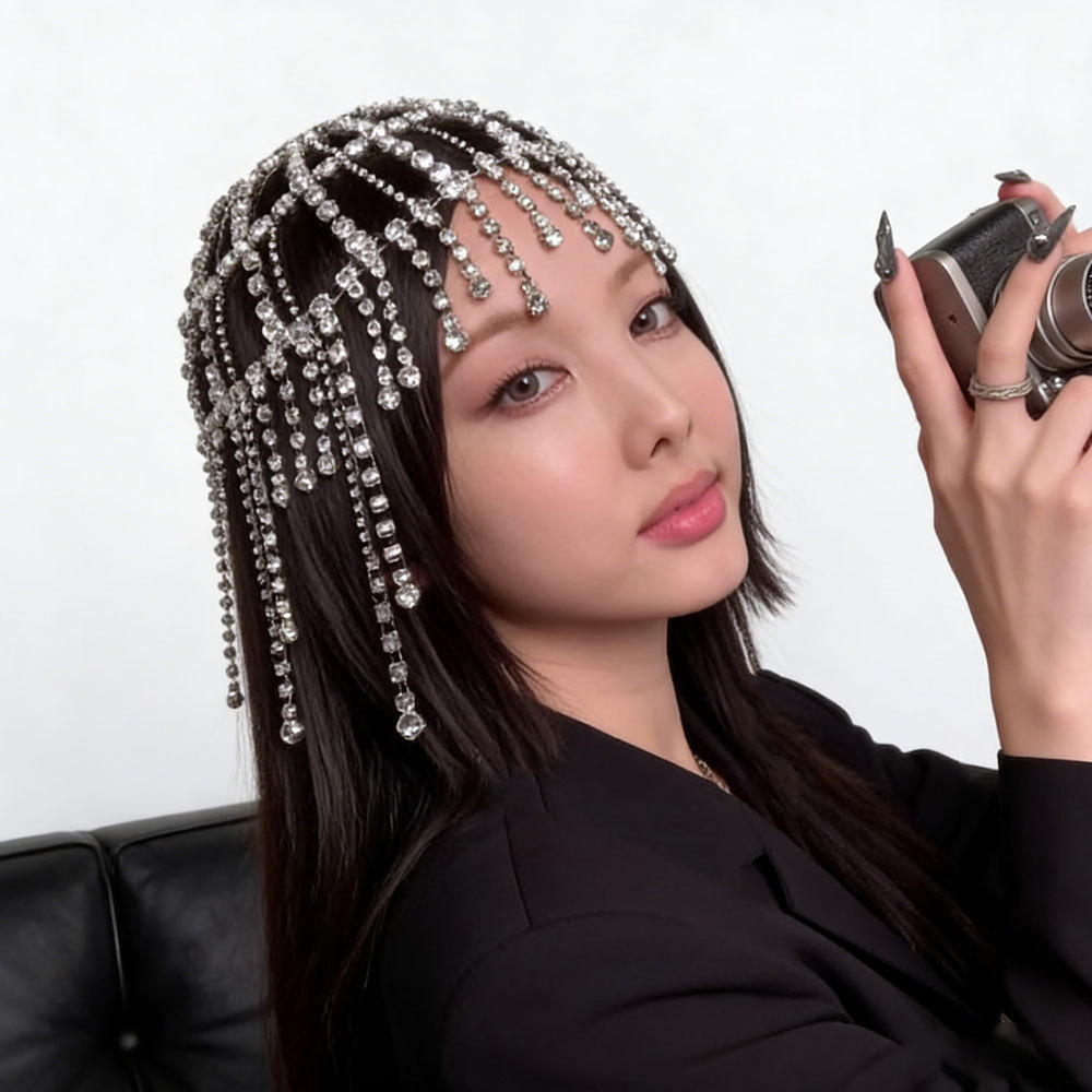 Fashionable and Extravagant Luxury European and American Ethnic Style Full Diamond Tassel Headpiece for Stage Shows, Showcasing Unique Personality and Sparkling Diamond Headpiece Chain