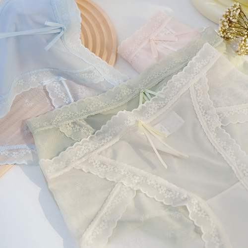Summer new style ice silk quick-drying breathable and comfortable mid-waist underwear for women with hip-covering sexy lace antibacterial crotch women's underwear