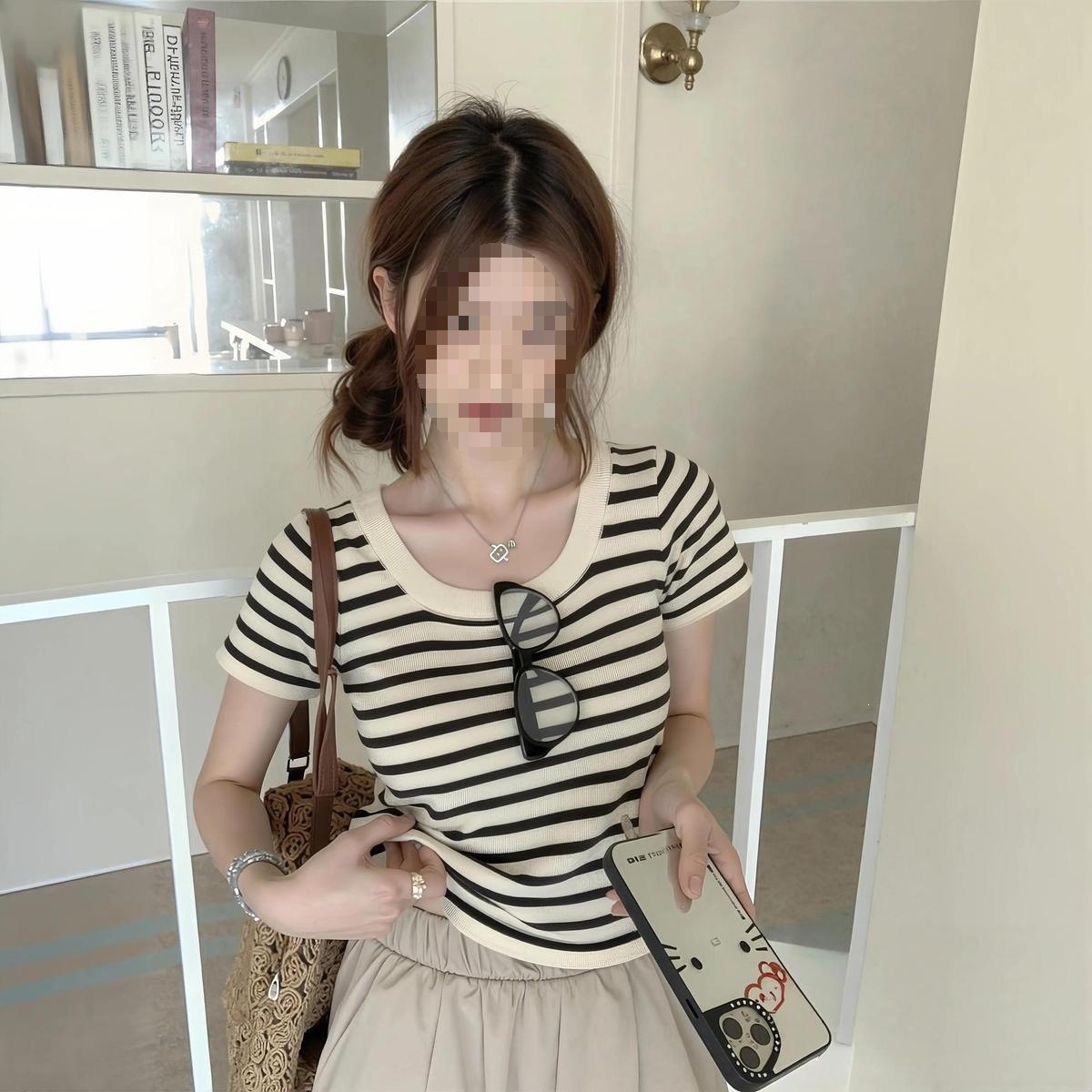 Áo thun nữ cổ tròn tay ngắn thiết kế vai tròn ôm gọn dáng hè — Mềm mại, trắng, xanh mát., Cơ sở Bách đáp phiên bản gạo trắng, Hàng ngày đi lại màu đen chi tiết 4