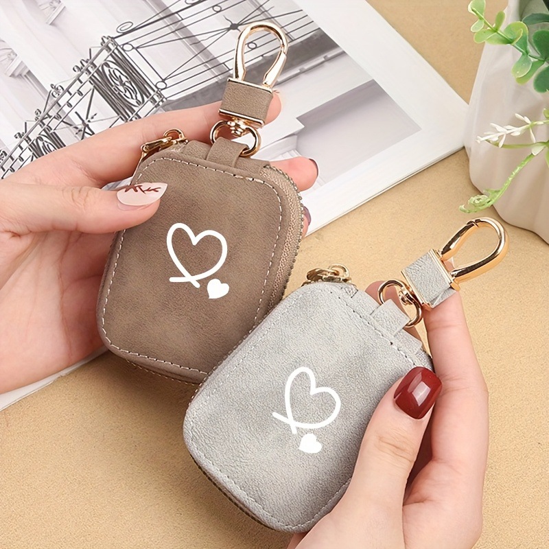 Cross-border minimalist heart-print frosted leather key case, women's portable zipper car key cover