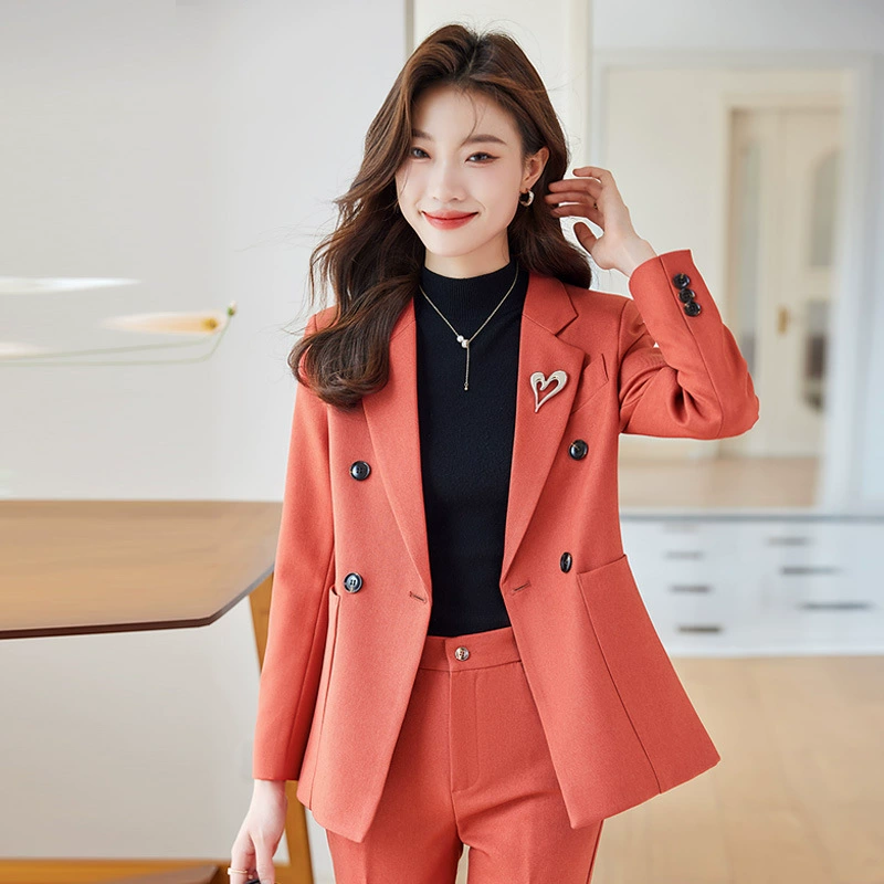 Classic women's demi-season suit set — blazer and trousers, brown, sizes S–4XL