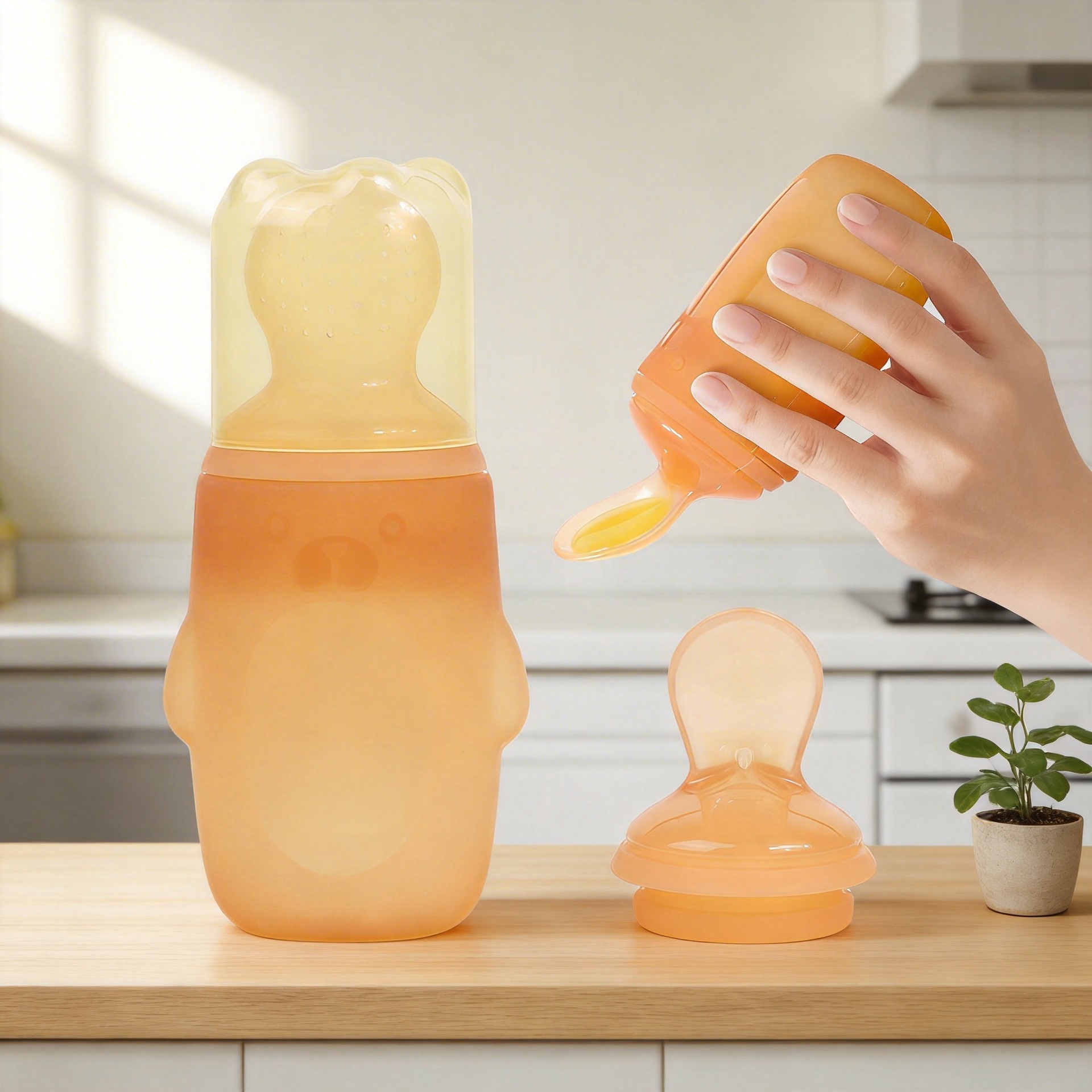 Customized New Baby Rice Cereal Spoon Bottle Brown Silicone Squeeze Feeding Soft Spoon Biteable Fruit Food Supplement Artifact