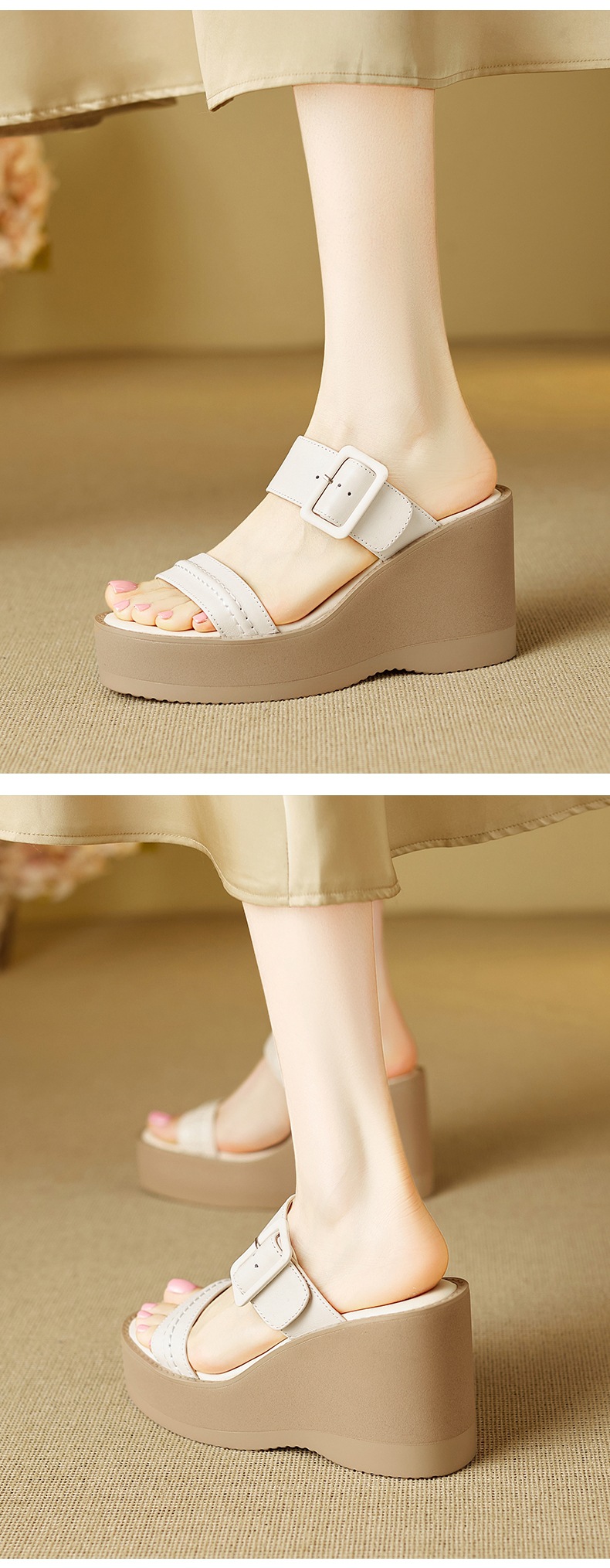 Sandal cao gót nữ hở mũi đế xuồng da bò quai một chữ thắt nút — màu trắng ngà chi tiết 5