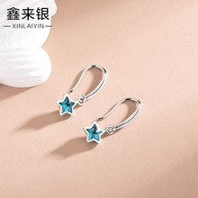 S925銀星星耳環女韓版小清新藍鑽五角星短款耳墜耳飾2021年新款潮