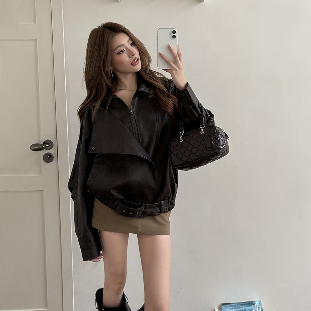 High-Quality Super Cool Autumn and Winter New Brown Leather Jacket Women's American Motorcycle Jacket Silhouette Jacket Top Trendy