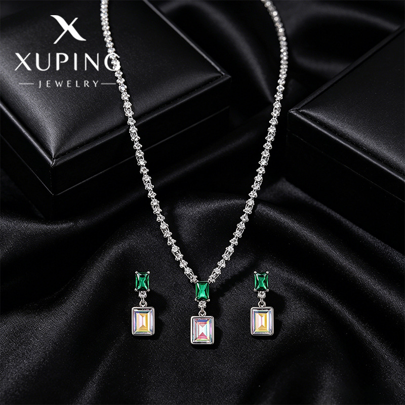 Xuping moda lujosa imitación de cristal conjunto de joyería geometría cuadrada mujer serie de aretes de azúcar cuadrado conjunto de collares image 3