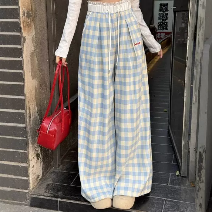 蓝色格子长裤女春秋新款韩系蕾丝拼接高腰韩系风休闲阔腿裤子ins