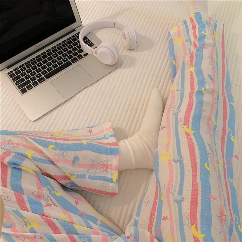 Pantalones de dibujos animados lindos pantalones de pijama elásticos de cintura estudiantil en casa pantalones largos de primavera y otoño de verano para mujeres pantalones casuales