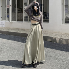 オレンジシルクの婦人服 # ストリートカジュアル万能ドレーププリーツロングスカート夏の新デザインハイウエストAラインスカート