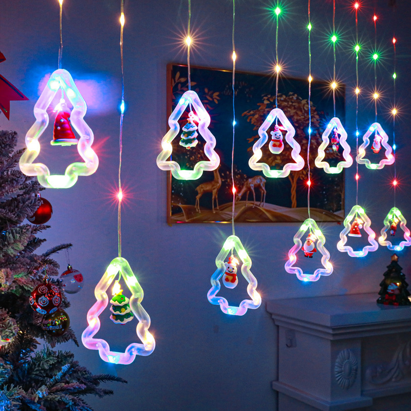 Amazon Venta caliente luces decorativas luces de cortina de Navidad LED anillo luz cadena vacaciones luces de colores colgante de dibujos animados luces de línea de cuero