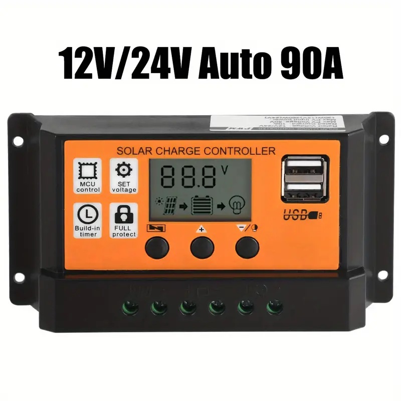 Controlador de carga solar - automático de alta eficiencia 12V / 24V con pantalla LCD, puerto USB dual