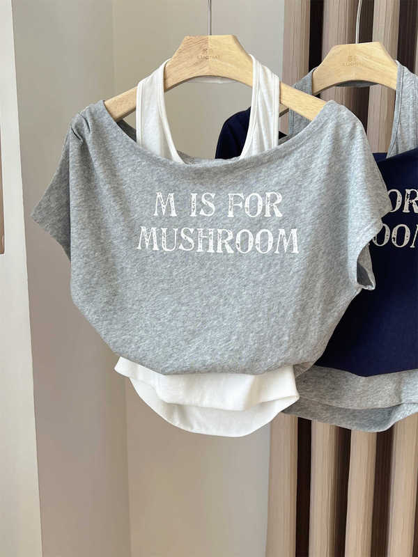 アメリカンレトロレタープリント半袖Tシャツレディース夏新作プリーツウエストフェイクツーピースホルターネックオフショルダートップ|undefined