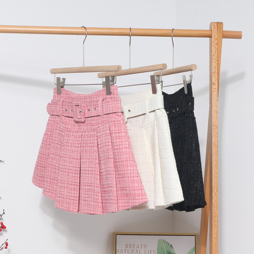  new autumn and winter tweed pleated skirt pink short skirt high waist slim skirt A-line anti-exposure skirt