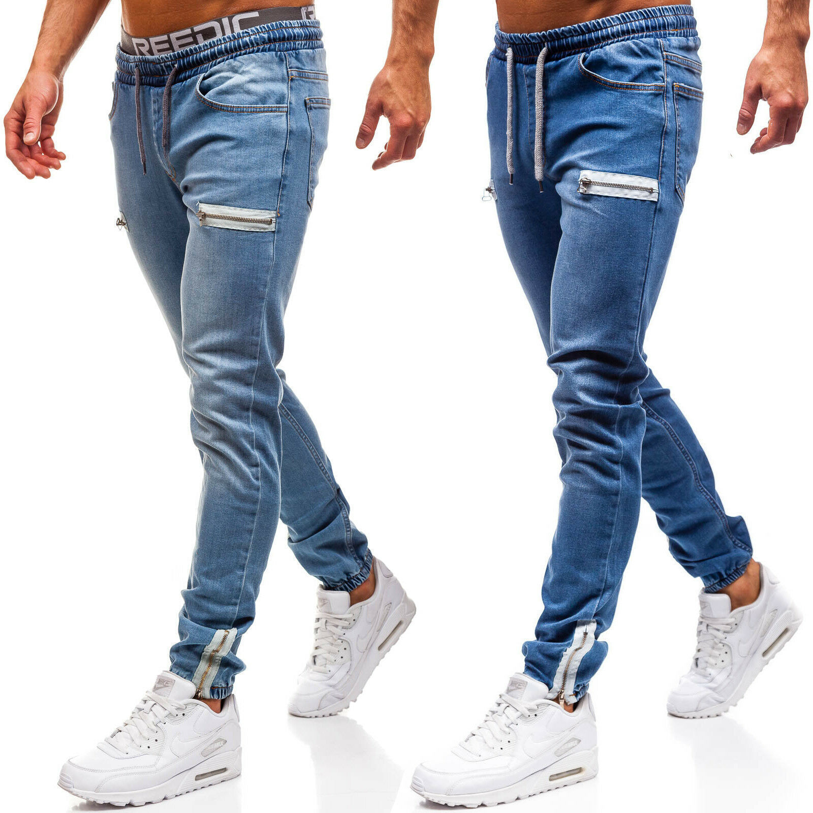 Men's Elastic Denim Pants Casual Frosted Zipper Drawstring Jeans Training Jogger Athletic Multi Pockets Ankle Tied Sweatpants_voghion.com