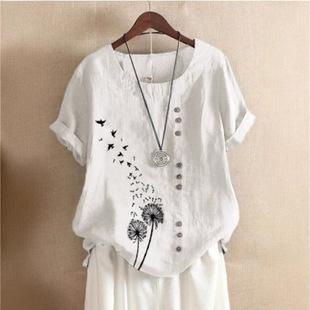 Spot Real Shot 2023 Aliexpress Retro Cotton and Linen Print Loose Short-sleeved Casual Women