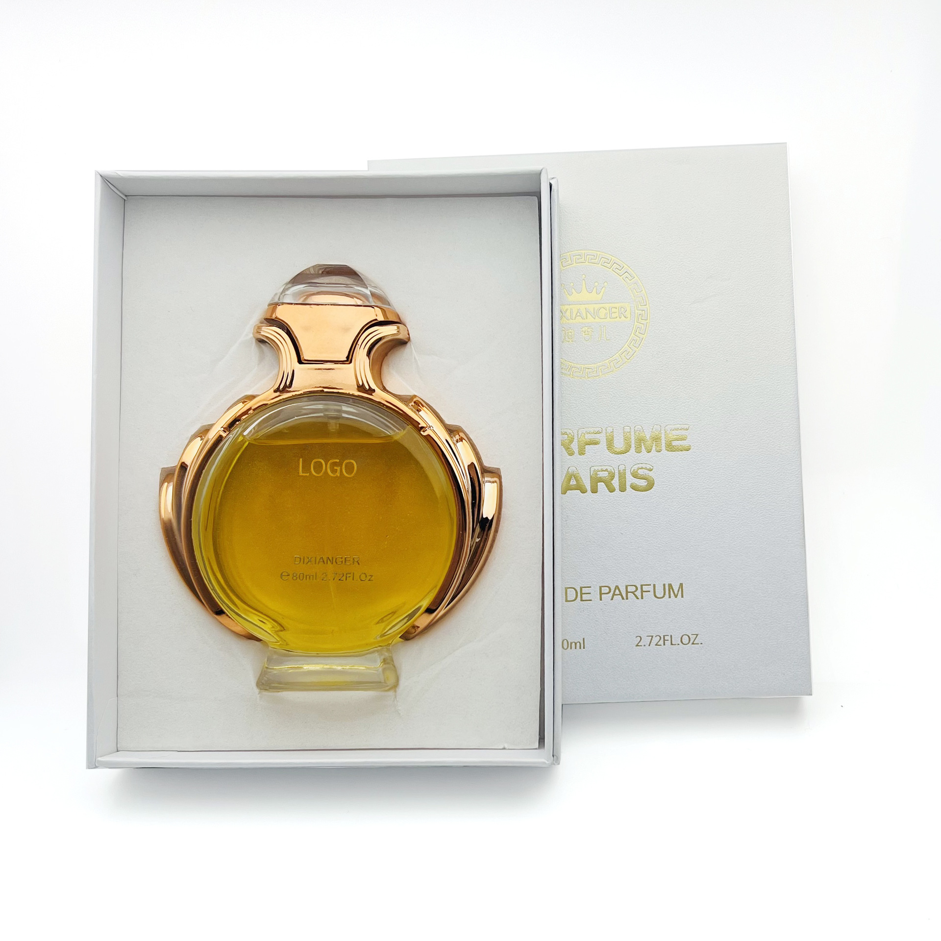 El nuevo clip de botella de agua perfumada dorada presiona el vidrio de pulverización 80 ML botella vacía de vidrio de perfume puede fijar el logotipo image 4