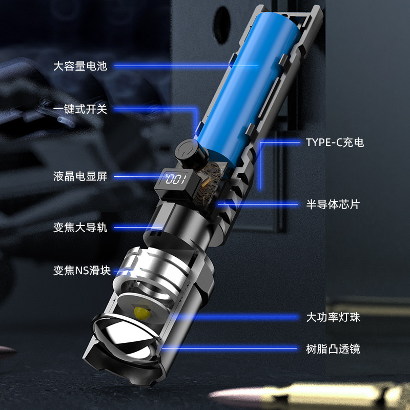 ハイパワー懐中電灯Type-c携帯充電屋外遠スポットライト伸縮フォーカス表示白色電力量クロスボーダー|undefined