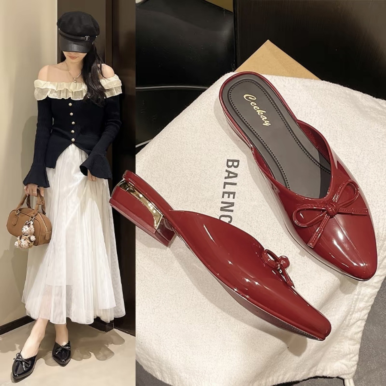 Fashionable mules with bow heels