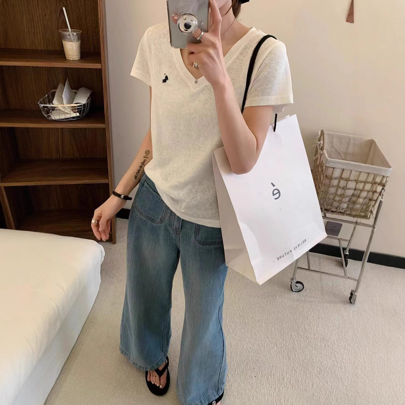 In-Stock High-Quality Rl Ralph Lauren Embroidered Pony Logo V-Neck Short-Sleeve Women's Summer New T-Shirt Top, Slim Fit and Versatile