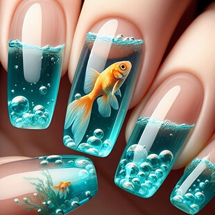 Mid-Length Blue Goldfish Dreamy Fashion 24 Pieces Glossy Fashion Ins Style European and American Wearable Nails Cross-Border Wholesale