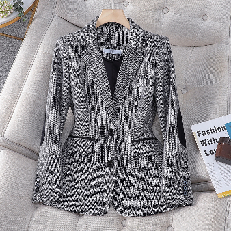 Women's Clothing Sequined spring and autumn jacket suit for women houndstooth, ladies' small suit top, women's trendy contrast color_voghion.com