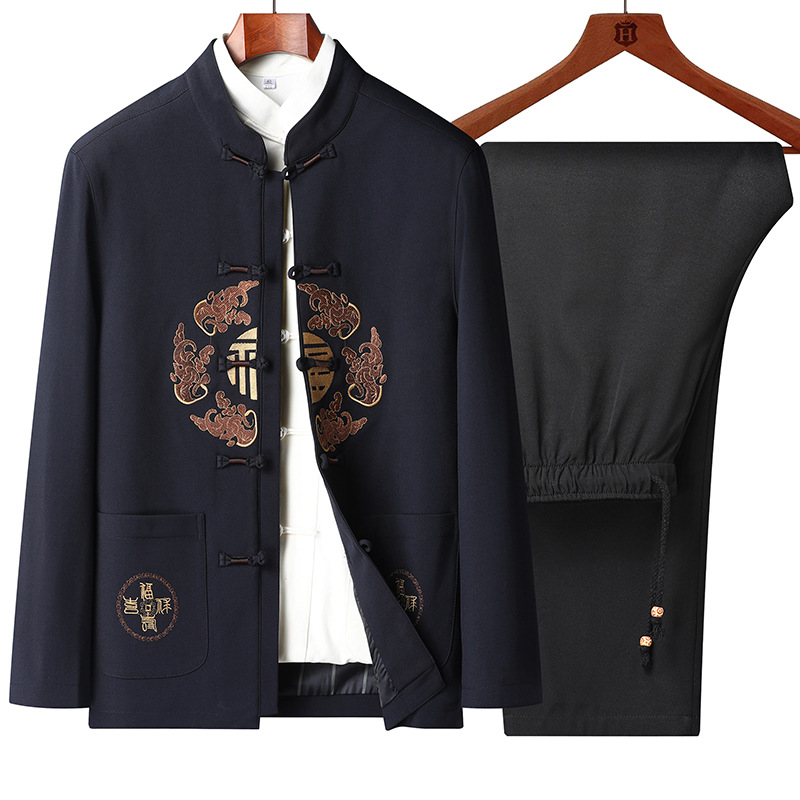 Hot-selling online men's Tang suit jacket with embroidered "Fu" character, Chinese style, perfect for elderly men's birthdays.