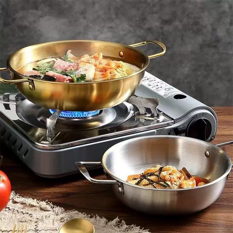 Нержавеющая сталь морепродукты сухой горшок для домашней кухни, рамен-пот, двойной ух, маленький горячий горшок, горшок для супа, золотистый плоский рамен-пот, оптом