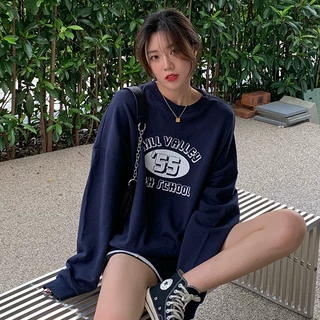 信屿 美式复古印花圆领卫衣女秋冬装百搭打底衫休闲宽松上衣薄款