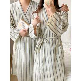跨境专供外贸女士韩国新款情侣睡袍家居服长款条纹男女同款浴袍潮