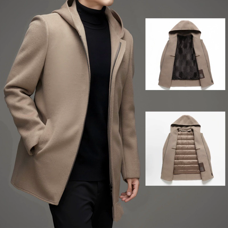 Эксклюзивная трансграничная поставка мужского двустороннего шерстяного пальто с капюшоном, зимнее, со съемной подкладкой, из чистой шерсти, шерстяной тренчкот-куртка
