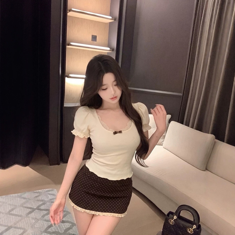 260g rayon lace spliced U-neck puff sleeve T-shirt for women, summer pure desire slim-fit short-sleeve top 260g rayon lace spliced U-neck puff sleeve T-shirt for women, summer pure desire slim-fit short-sleeve top