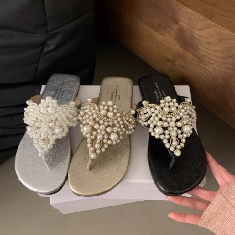 Жемчужная фея ветряные шлепанцы женские 2024 новые летние французские ретро богемные римские холодные тапочки