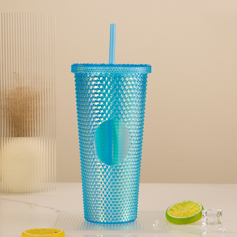 Transparent Creative Double-layer Colorful Durian Cup Large Capacity Plastic Handle Cup Flat Lid Portable Student Dormitory Handy Cup