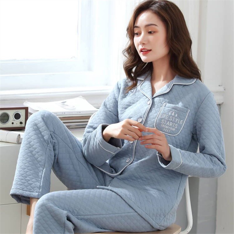 100% algodón Otoño e Invierno sándwich pijamas mujeres aire algodón espesado manga larga estilo coreano Delgado acolchado engrosado homewear